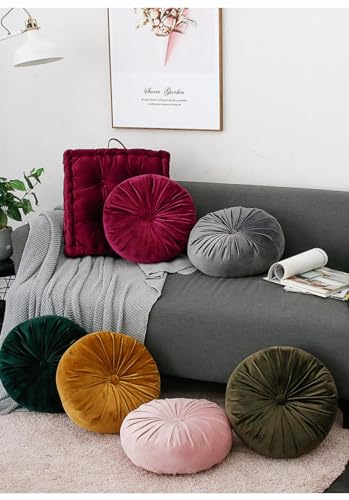 Round Throw Pillow, 13.7 Inch Soft Solid Color Dutch Velvet Home Decoration Pleated Round Pillow Floor Cushion for Sofa Couch Chair Bed Living Room, Pink - color: Pink
