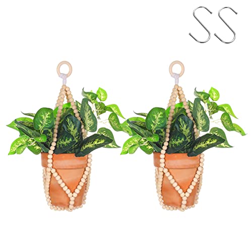 Artilady 2 Pack Beaded Plant Hanger Indoor - Macrame Hanging Planters for Plants Holder No Tassels with Wooden Beads Boho Farmhouse Rustic Home Decor (Wood Color Bead-2pcs) - color: Wood Color Bead-2pcs