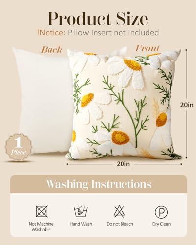 Embroidered Throw Pillow Cover - 20x20 Decorative Pillow Cover with Zipper Aesthetic Cute Design Boho Spring Summer Cozy Throw Pillowcase for Living Room Couch Sofa Bed, Daisy - color: Daisy, size: 20" x 20" (Pack of 1)
