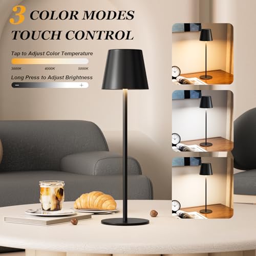 Kakanuo Cordless Table Lamp Rechargeable Black - KK 2 Pack 5000mAH Battery Operated Lamp for Counter, 3 Color Stepless Dimming Wireless Lamp for Dining Kitchen, Outdoor Patio, Touch Control - color: Black 1, size: 2 Pack 14in - Down Light