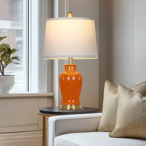 Ruzectt Orange Ceramic Lamps Set of 2, 23" Modern Table Lamps for Living Room, Stylish Bedroom Ginger Jar Lamps, Elegant Bedside Lamp for Night Stand Desk Side End Table Home Decor(Bulbs Included) - color: Orange