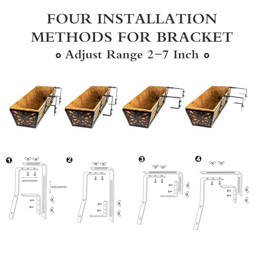 4 Pack 30 Inch Window Boxes Planters Railing Planter Box with Adjustable Brackets & Coco Liners Fabric Plant Grow Bags Deck Railing Planter Boxes Balcony Hanging Flower Box for Outdoor Plants - color: 4 Pack-black, size: 30 Inch