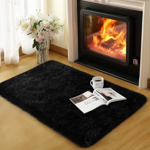 qulint Black Rug for Bedroom, 2x3 Small Area Rugs for Boys Room Soft Shag Fuzzy Rug for Living Room, Plush Shaggy Alfombras for Kids Boys and Girls Dorm Kid Room Home Decor (2ft x 3ft, Black) - color: Black, size: 2' x 3' (Rectangular)