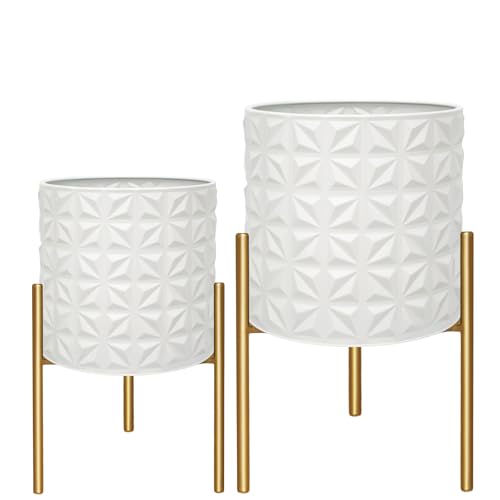 ARNIS Modern Planter Pots, Set of 2 Large Planters with Stand, Decorative Planters, Metal Pots with Drainage Holes for Living Room, Office, Garden or Balcony, 10.5 &12.25 Inch, Matte White - color: Frosted White, size: 10.5 &12.25