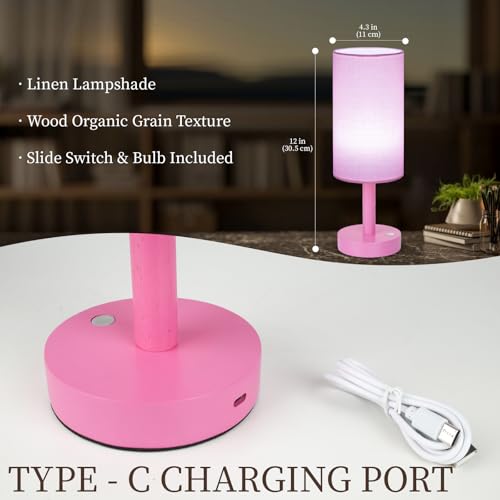 LALISU Small Table Lamp Nightstand Lamp Linen Lampshade Bedroom Wood Base Small Bedside Lamp for Night Stands, Desk Lamps for Reading Living Room, Office (LED Bulb Included) (Pink) - color: Pink