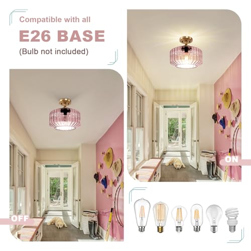 Pink Close to Ceiling Light Hallway Light Fixtures Vintage Antique Gold Ceiling Lamp with 11.02" Stripes Glass Shade, Flush Mount Ceiling Light for Closet Entryway Shower Light - color: Pink