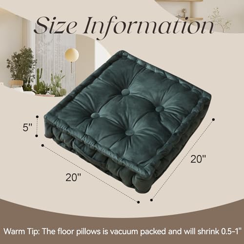 Square Floor Pillows, Large Floor Cushion for Adults Kids, Meditation Floor Pillow Seating Cushion with Shredded Memory Foam and Silk Wadding, 20"x20"x5" (Dark Green, 2 Pack) - color: Dark Green, size: 2 Pack