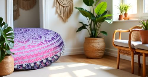 Round Mandala Floor Pillow Cover Seating Cushion Throw Ottoman Pouf Cover Pom Pom Pillow Cases Hippie Decorative Bohemian Boho Indian 22 Inches (Pink White) - color: Pink White