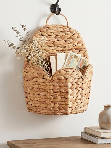 2 PC Door Basket Scalloped Hanging Storage Basket,Water Hyacinth Woven Wall Baskets for Front Door Decor, Hangable Storage Organize for Flowers,Planter,Mails,Wicker Baskets for Organizing -Braided & L - size: Braided L*2