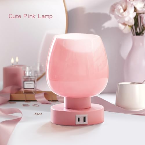 Touch Bedside Table Lamp - Pink Small Lamp for Bedroom with USB C+A Charging Ports 3 Way Dimmable, Nightstand Desk lamp with Glass Lamp Shade Warm LED Bulb Included, Simple Design Christmas - color: USB-pink_1pack, size: USB