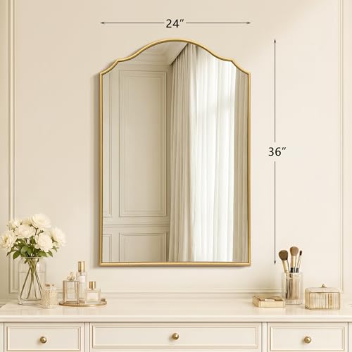Besdomus Scalloped Gold Mirror for Bathroom: 24"x36" Minimalist Modern Arched Mirror - Wooden Frame Wall for Vanity/Bedroom/Mantle/Entryway/Fireplace/Hallway - Idea for Housewife - color: Gold Leaf, size: 36"L x 24"W