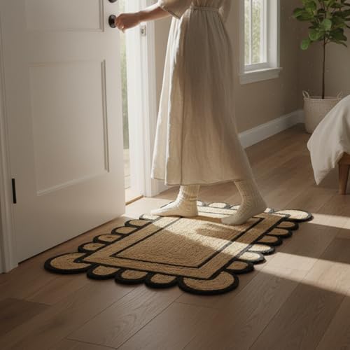 Braided Scalloped Jute Rug Natural with Black Trim, Handmade Farmhouse Boho Area Rug for Entryway, Kitchen, Hallway, Living Room, Bedroom, Rustic Woven Floor Rug - (Black- 2X3 ft) - size: 2' x 3' (Rectangular)