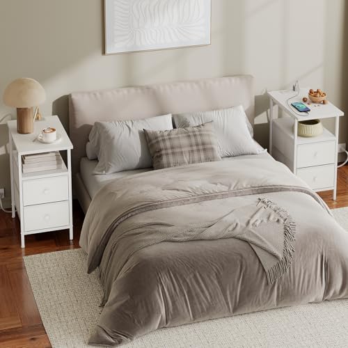 HOOBRO End Table with Charging Station, Narrow Side Table, Nightstand with 2 Non-Woven Drawers, Slim Sofa Side Table, for Small Spaces, Living Room, Bedroom, White WT486UBZ01 - color: White, size: 11.8"L x 18.9"W x 23.6"H