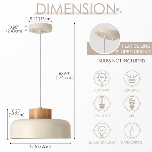 Modern Pendant Lights,12.6 inch,Natural Wood Cap,Simple Hanging Light Fixture for Kitchen Island,Dining Room - color: Cream, size: 12.6 inches