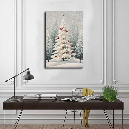 JDBeehpy Snowy Christmas Tree Wall Art Red Birds Frameless Canvas Print Poster Peaceful Winter Home Decor Painting Livingroom Fireplace Mural 08x12inch(20x30cm) - color: Christmas Tree Unframe, size: 12L" x 8W"
