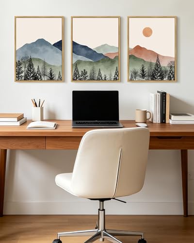 KUVIOKE Mountain Landscape Framed Wall Art Watercolor Nature Painting Boho Sun Rise Prints Farmhouse Rustic Room Decor Ready to Hang 12x16in (Natural Framed) - color: Watercolor Mountain, size: 12 x 16in x 3 Panels Natural