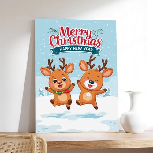 JDBeehpy Merry Christmas & Happy New Year Frameless Canvas Print Wall Art Painting Reindeer Playing Happily in Snow Cute Poster Home Decor Mural 12x18inch(30x45cm) - color: Reindeer Unframe, size: 18L" x 12W"