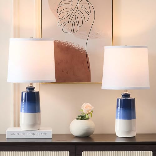 EUO 20.5" Ceramic Blue Lamps for Nightstand Set of 2, Blue Table Lamps for Living Room Set of 2, Coastal Table Lamp for Bedroom with White Barrel Lampshade, Blue White Ceramic Lamp for Small Space - color: Navy Blue-S