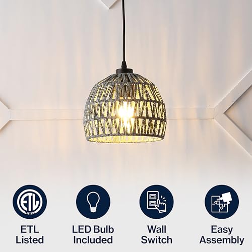 JONATHAN Y 8.25" Gray Modern Bohemian Woven Rope LED Pendant Light Fixture, Adjustable Dome Ceiling Lamp for Kitchen Island, Rope Shade, Coastal Farmhouse Decor (JYL6512D) - color: Gray, size: 8.25"