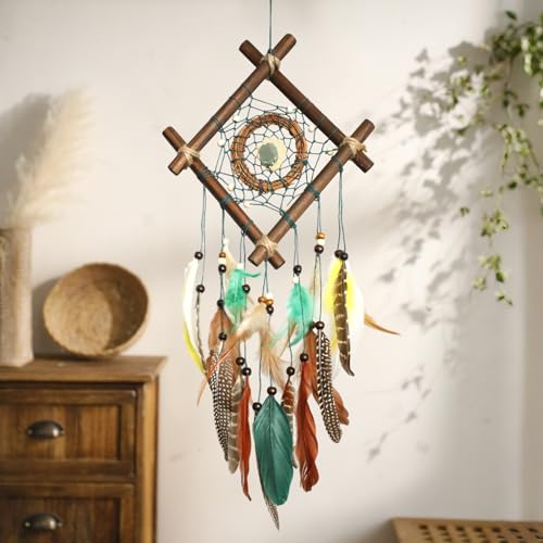 Dream Catcher Native American Boho Dreamcatcher Rattan Wood Wall Decor, Handmade Natural Dream Catchers with Healing Crystal Stone Feathers Ornament Indian Decor for Bedroom Living Room - color: Brown Green Mix