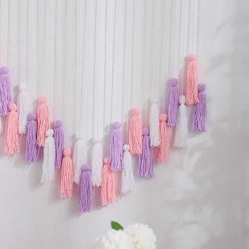 Boho Spring Easter Wall Decor Purple & Pink Tassels Garland Macrame Wall Hanging with Wooden Beads for Nursery Girls Bedroom Gift Party Dorm Living Room Home Decor Aesthetic - color: Purple