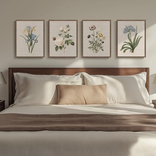 Framed Botanical Floral Wall Art, 4 Piece Vintage Flower Canvas Painting Prints for Bedroom, Rustic Floral Butterfly Pictures for Farmhouse Kitchen Living Room Dining Room Hallway Wall Decor, 11x14 In - color: Floral - Walnut Framed, size: 11" W x 14" H x