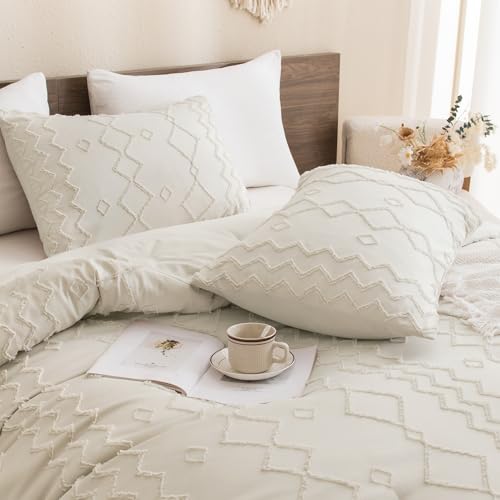 Andency Beige Tufted Comforter Set Full(79x90Inch), 3 Pieces(1 Boho Comforter, 2 Pillowcases) Textured Farmhouse Bed, Soft Down Alternative Geometric Bedding Set - color: 04 - Beige, size: Full (79"x90")
