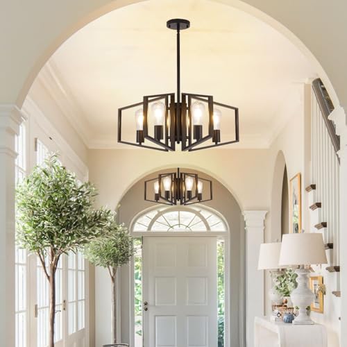 WJShome Black Chandelier, 4-Light Farmhouse Dining Room Light Fixture/Chandelier Over Table, Geometric Pendant Lights Kitchen Island, for Entryway, Foyer, Hallway - color: Black