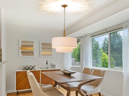 Shrine Lighting White Double Drum Chandelier, Dining Room Design, Drum Pendant Lights for Dining Room, D20'' x H10'', Adjustable Chains 55'', E12*4 Sockets, White Linen Fabric Lampshade & Gold Rod - color: Gold Rod&White Double D20''