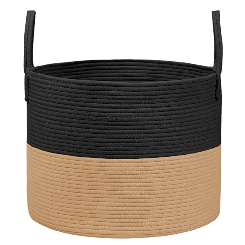 JMvicyroam 65L Extra Large Blanket Basket for Living Room - Woven Cotton Rope Laundry Hamper with Reinforced Handles - Storage Bin for Pillows, Comforters & Toys - Machine Washable,Black&Jute - color: Black&Jute, size: 65L