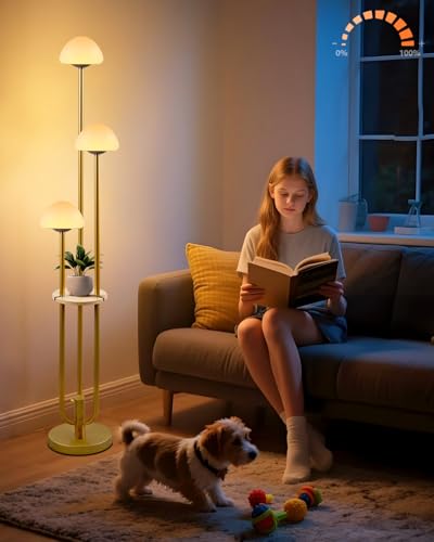 Gold Dimmable Floor Lamp with Table, Modern Floor Lamps with Mushroom Shades for Living Room, 3000K Warm White Tall Standing Lamp with Bulbs& 5Lbs Heavy Base for Bedroom/Office - color: 3 Mushroom-Gold