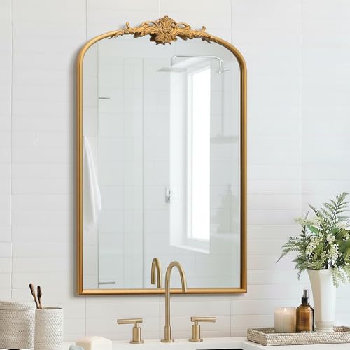 Besdomus Antique Arched Wall Mirror: 24"x36" French Large Arch Gold Vintage Vanity Mirror - Decorative Baroque Traditional Ornate for Entryway/Bedroom/Bathroom - Ideal for Bathroom Renovations - color: Gleaming Gold, size: 36"L x 24"W