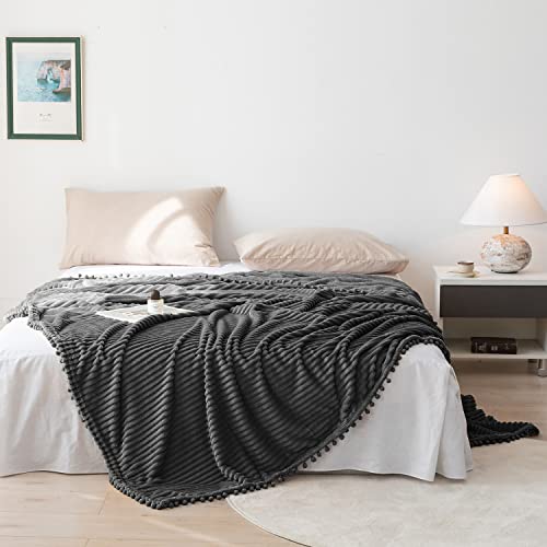 DISSA Fleece Blanket Throw Size – 51x63, Dark Grey – Soft, Plush, Fluffy, Fuzzy, Warm, Cozy – Perfect Throw for Couch, Bed, Sofa - with Pompom Fringe - Flannel Blanket Throw Blanket - color: Dark Grey, size: 51x63"