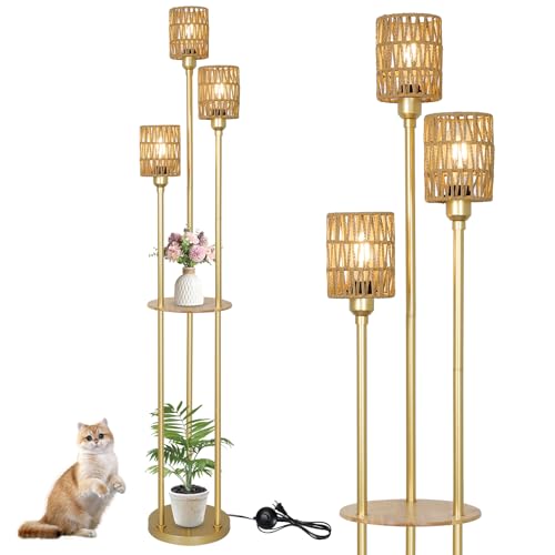 Boho Floor Lamp with Shelves, 3-Lights Farmhouse Tall Floor Lamp with ON/Off Foot Switch, Gold Modern Floor Lamps with Rattan Shades, Rustic Standing Lamp for Living Room, Bedroom, Office - style: Gold-Rattan Shade