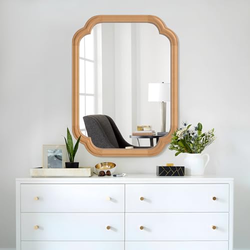 Ferytange Natural Wood Framed Mirror,18X24 Inch Bathroom Mirror for Over Sink Modern Rounded Corner Rectangle Wall Mounted Mirror (Horizontal/Vertical) - color: Natural Wood, size: 24"L x 18"W