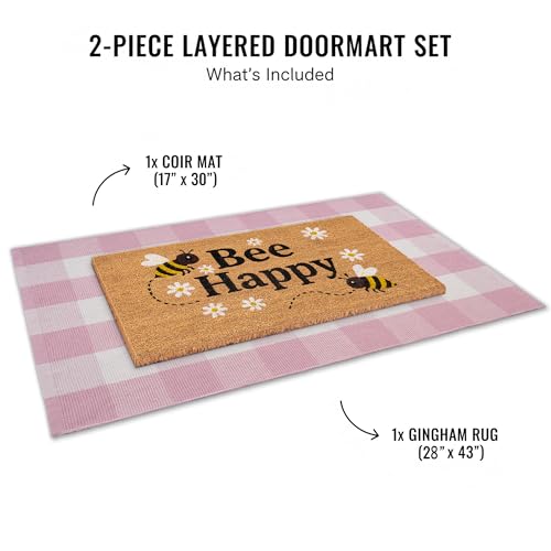 Bee Happy Layered Doormat Set, Spring Door Mat with Printed Coir Welcome Mat and Plaid Layering Rug, Farmhouse Front Door Entryway Decorative Porch Mat (Pink, 2'4" x 3'7") - color: Pink, size: 3'7" x 2'4" (Rectangular)