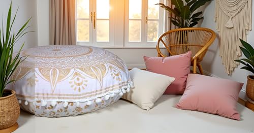 ICC Large Boho Ottoman Cover Pillowcase for Couch Floor Pillows & Cushion Covers Decorative Bohemian Hippie Mandala Pouf Pillow Cover Seating Meditation Cushion Cover (Gold Trishol, 32" Round) - size: 32" x 32" (Pack of 1), style: Gold Trishol