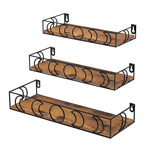 PHAREGE Moon Phase Floating Shelves Brown Black, Set of 3 Small Decorative Wall Shelves for Book Plant Storage, Crystal Figurine Collectibles Display Shelf for Bedroom Kid Room - color: Brown Black