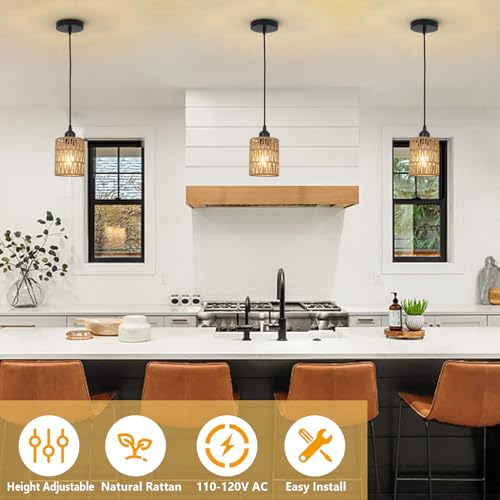 LAMSU 3 Pack Rattan Pendant Lights Kitchen Island, Farmhouse Pendant Lighting with Hand Woven Wicker Shade, Boho Chandelier Light Fixtures Ceiling Hanging for Dining Room Bedroom Foyer Hallway - size: 3 Pack