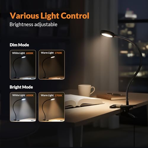 LEPOWER Clip on Light/Reading Lights/Book Light/Desk Lamp Color Changeable/Night Lights Clip on for Desk, Bed Headboard and Computers, Adapter Included (Black) Metal - color: Black