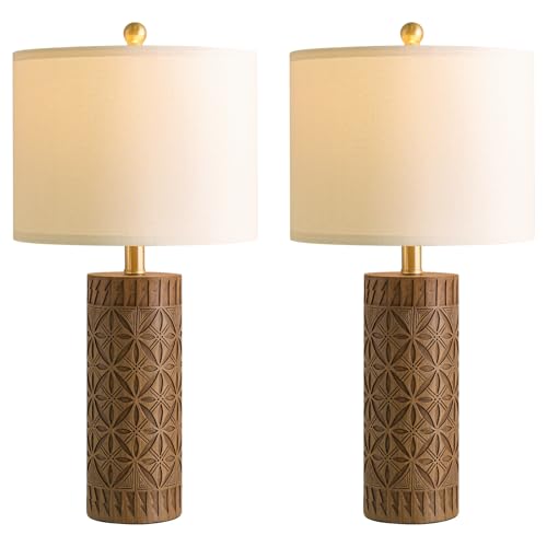 BOBOMOMO 24.25" Modern Farmhouse Table Lamps Set of 2, Geometric Wood Grain Resin Bedside Lamps for Nightstand, Rustic Lamps for Living Room, Bedroom, Entryway, Home Decor, Linen Shade - size: 24.25"