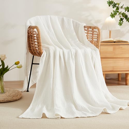 EMME Cotton Muslin Throw Blanket for Couch Breathable Gauze Soft Lightweight Blankets for Adults (White,50"x60") - color: 04-white-1, size: Throw (50" X 60")