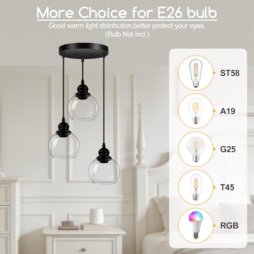 3-Light Pendant Light, Globe Cluster Hanging Light with Clear Glass Shade, Matte Black Pendant Lighting Adjustable Hanging Height Industrial Ceiling Light for Kitchen Island Bedroom(E26 Base,No Bulb) - size: 3Light - D 5.12 IN
