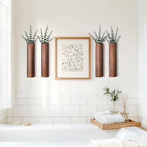 Wood Wall Planter with 20 pcs Artificial Eucalyptus, Modern Decor for Living Room Bedroom Bathroom Entryway, Farmhouse Boho Wall Vases for Dried Flowers and Faux Plants - 4 Pack