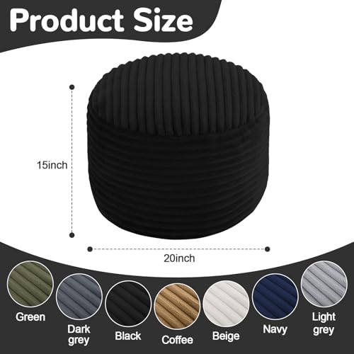 MeMoreCool Stuffed Round Pouf Ottoman Foot Rest, Soft Plush Floor Pouf Foot Stool, Corduray Footstool Footrest, Small Round Ottoman for Living Room Couch Sofa Chair, 20x15 Inch Black - color: Ribbed Black