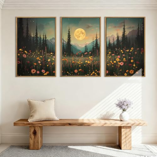 ANHUIB Moon Forest Wildflower Wall Art, Moonlit Pine Tree Wall Decor Dark Mountain Paintings Set of 3 for Living Room Bedroom Dining Room 16x24 Inch - color: Moon Night, size: 24"L x 16"W