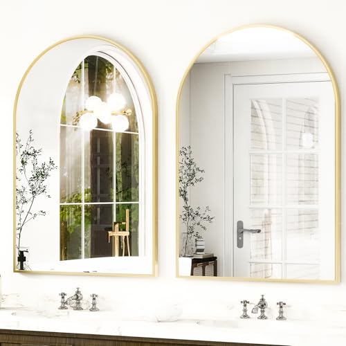 HARRITPURE Arched Bathroom Mirror - 30"x40" Gold Large Wall Mounted Vanity Mirror Aluminum Alloy Frame Arch Wall Mirror for Living Room, Bedroom and Entryway - color: Gold-1pcs, size: 40"L x 30"W