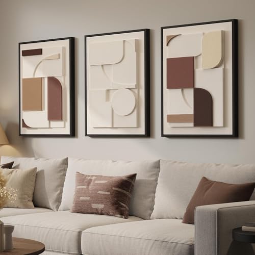 3D Textured Framed Neutral Wall Art, Brown Tan Beige Geometric Texture Artwork for Walls, 3 Piece Minimalist Modern Sandstone Art Painting for Living Room Hallway Office Kitchen Wall Decor, 16x24 Inch - color: Neutral --D, size: 16"w X 24"h X 3pcs