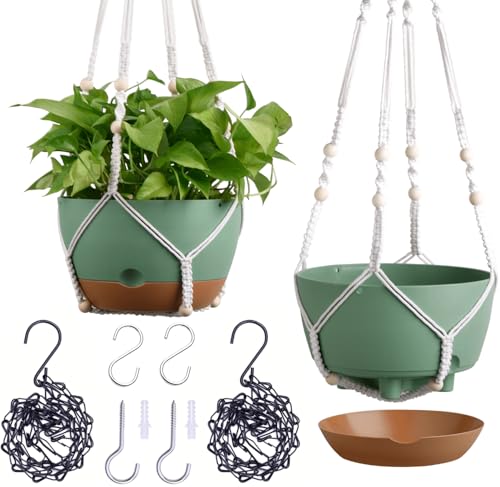 Set of 2-8 Inch Hanging Planters for Indoor Plants with Self-Watering Includes Hanging Pots for Plants, Outdoor Hanging Plant Pot with Drainage, and 2 Types of Hanging Baskets Hangers (Green) - color: Green, size: 8inch