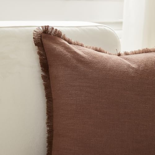Sunday Praise Set of 2 Linen Fringe Decorative Pillow Covers 20x20 Inch Farmhouse Accent Boho Throw Pillow Cases with Tassels Cozy Soft Square Cushion Covers for Couch Sofa Bed Home Decor,Cocoa Brown - color: Cocoa Brown, size: 20" x 20" (Pack of 2)